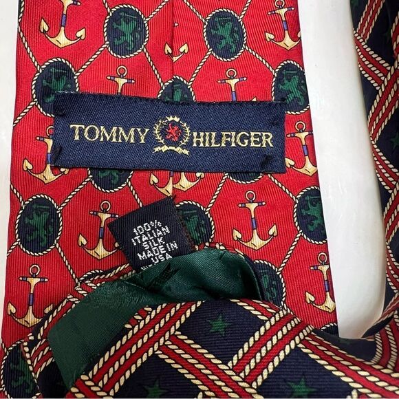 Vintage Tommy Hilfiger Nautical Silk Tie with Anchors Red Blue Gold - Picture 3 of 3